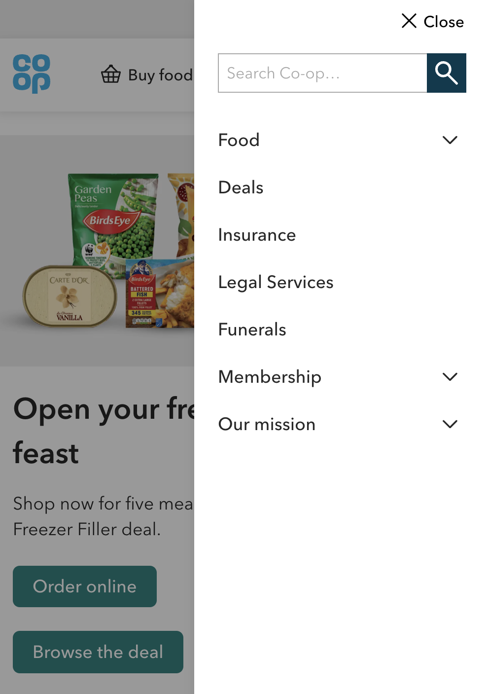 The navigation on coop.co.uk in April 2022